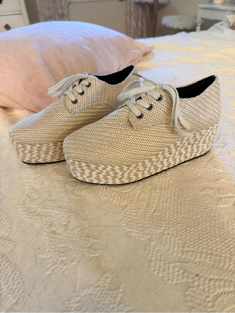 Neutral Woven Platform Lace-Up Shoes - Natural